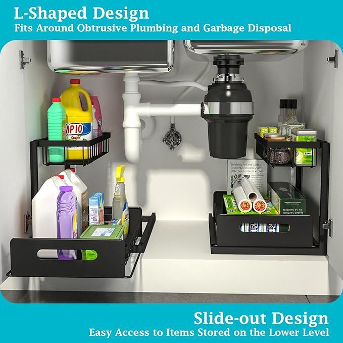 REALINN Under Sink Organizer, Pull Out Cabinet Storage 2 Tier Slide Out Sink Shelf, Kitchen Organizers and Storage, Black, 1 Pack - NeatNest