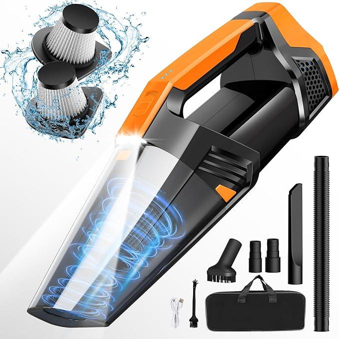 Car Vacuum Portable with LED Light, High Power Suction, Lightweight Rechargeable Hand Vacuum, Hand Held Vacuum Cleaner for Car Home Office, Pet Hair, Orange - NeatNest