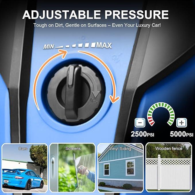 5000 PSI Adjustable Electric Pressure Washer, 2025 New Power Washer Pressure Adjustable (2500PSI-5000PSI) with 33ft Pressure Hose, 4 Nozzle and Detergent Tank for Cars, Upgraded Blue - NeatNest