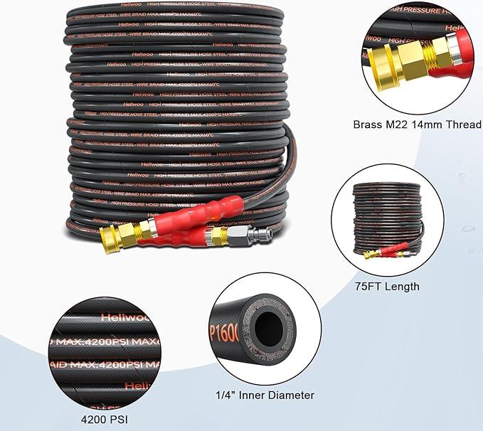 Pressure Washer Hose 75FT, 4200PSI High Tensile Wire Braid Kink Resistant Power Washer Extension Hose, 1/4" Flexible Replacement Hose with M22-14mm Brass Swivel Thread and 3/8 Quick Connect - NeatNest