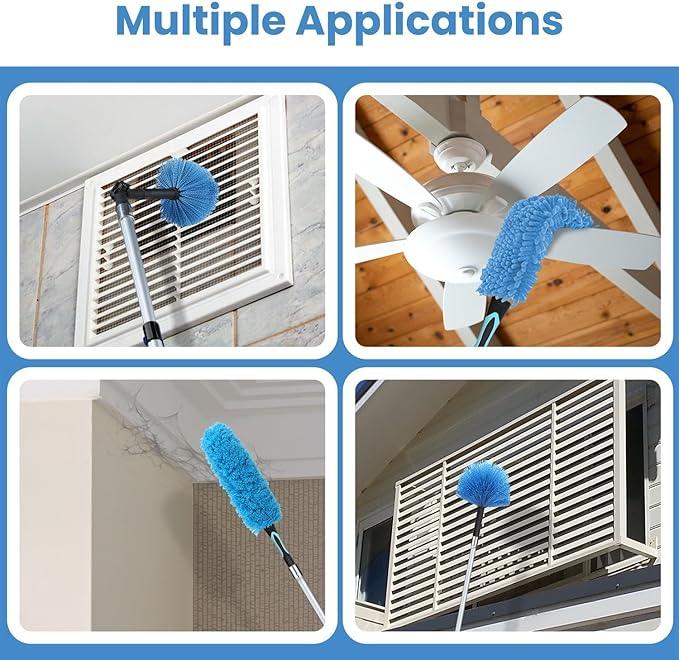 36ft High Ceiling Duster Kits with 5-30ft Heavy Duty Extension Pole - Fan Blade Cleaner, Cobweb Remover & Blue Window Squeegee Kit, Washable Dust Brush for High Roof and Glass Surfaces - NeatNest