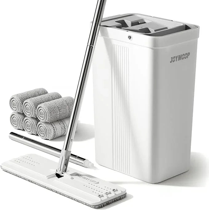 JOYMOOP Mop and Bucket Set with Wringer, Flat Mops for Floor Cleaning, Wall Mop Cleaner with Long Handle, Hardwood Floor Mop with 6 Microfiber Pads - NeatNest