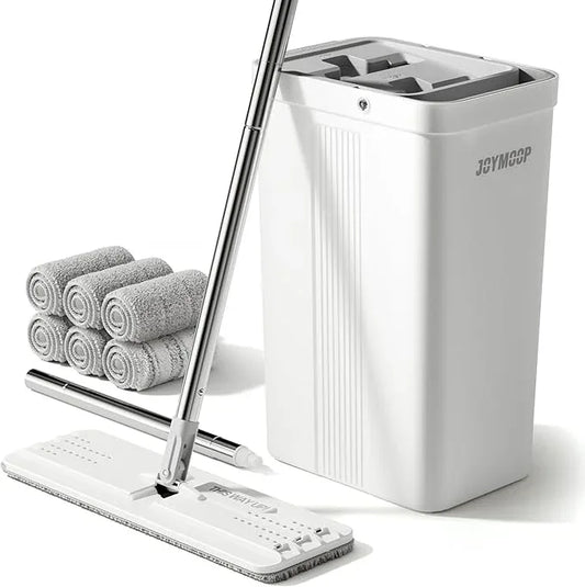 JOYMOOP Mop and Bucket Set with Wringer, Flat Mops for Floor Cleaning, Wall Mop Cleaner with Long Handle, Hardwood Floor Mop with 6 Microfiber Pads - NeatNest