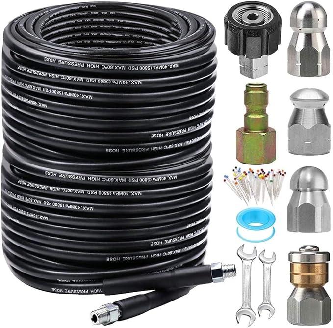 200FT Sewer Jetter Kit for Pressure Washer, 5800PSI Drain Cleaner Hose 1/4 Inch NPT Corner, Rotating and Button Hose Sewer Jetting Nozzle Pearl Corsage Pin Waterproof Tape with 2 Spanner - NeatNest