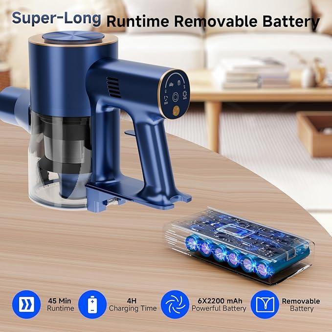Cordless Stick Vacuum Cleaner - 45KPA Powerful Suction Vacuum with 45 Min Runtime, Detachable Battery, Anti-Tangle & 1.5L Dust Cup, 8 in 1 Vacuum Cleaner for Pet Hair, Carpet, HardFloor, Blue - NeatNest