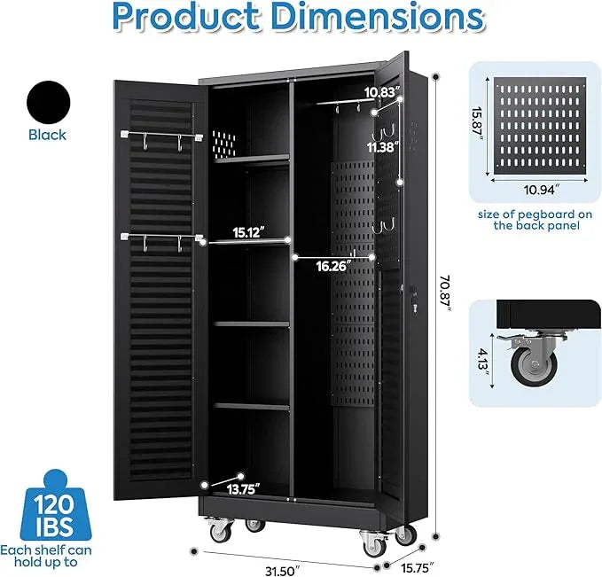 SUXXAN Broom Closet with Wheels 71"x 31.5"x15.75", Metal Cleaning Cabinets with Louvered Doors Hooks and Hanging Rods, Lockable Cabinet with Pegboard, Adjustable Shelf,for Garage, Laundry Room - NeatNest