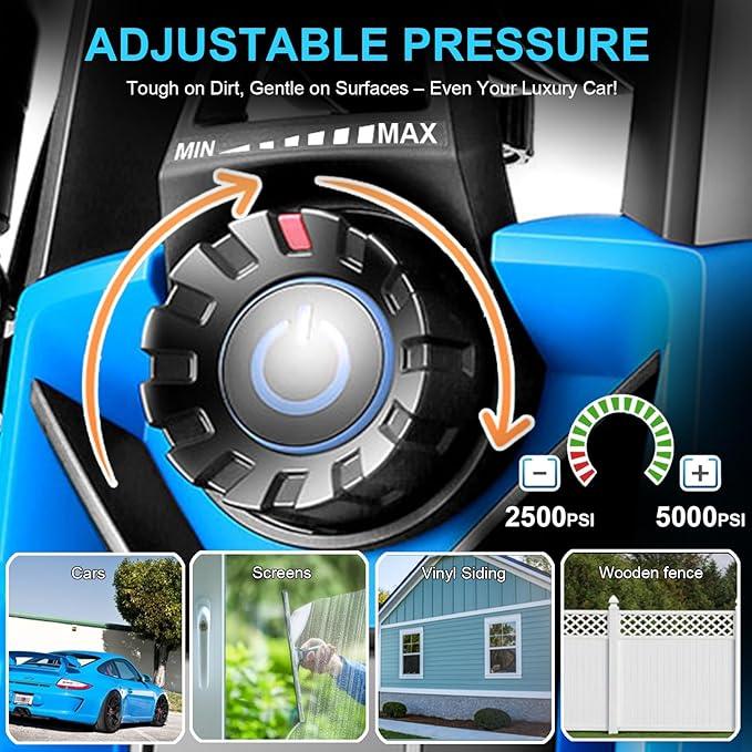 Pressure Cleaner 5000 PSI Adjustable Pressure, Power Cleaners Powered with 33ft Pressure Hose, 4 Nozzles and 500ml Foam Cannon, Cleaner Machine for Home, Car, Blue - NeatNest