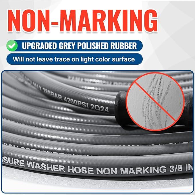 YAMATIC 3/8" Pressure Washer Hose 50FT with Swivel Quick Connect, 4200 PSI Non Marking Rubber Wear Resistant Steel Braided Industry Grade for Hot/Cold Water Gas Power Washer - NeatNest
