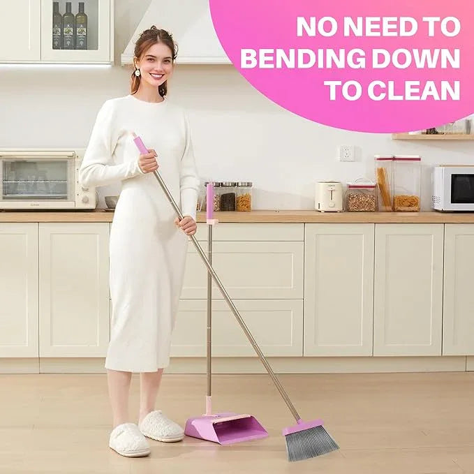 JOYMOOP Pink Broom and Dustpan Set, Upright Angle with Built-in Comb Teeth for Kitchen, Lobby, Pet Hair and Hard Floors - NeatNest
