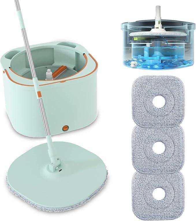Flat Floor Mop and Bucket System Set with Wringer, Spin Mop and Bucket Separate Clean and Dirty Water with Self Separation for Hardwood, Laminate, Tile, Floor Cleaning, Wet and Dry Use, LightCyan - NeatNest