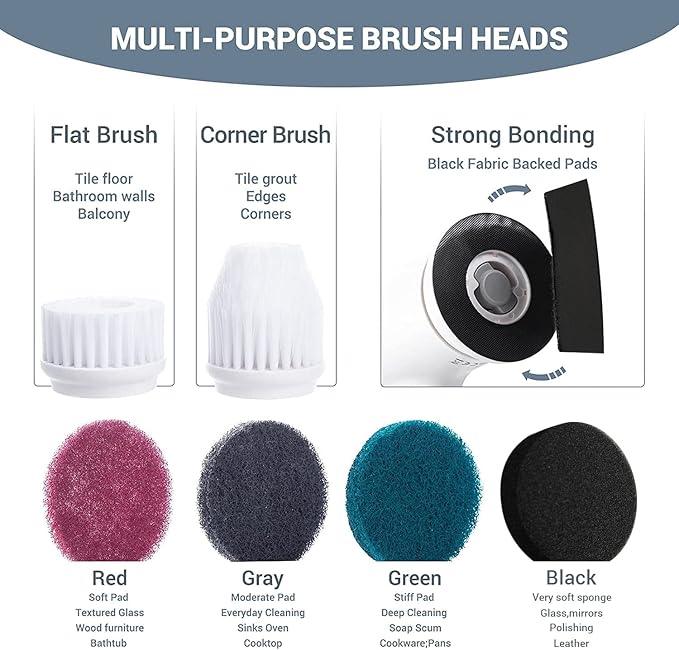 AIRSEE Electric Spin Scrubber, Cordless Power Rotating Brush, 2 Speeds, 6 Replaceable Brush Heads, Handheld Shower Bathroom Scrubber for Cleaning Floors, Windows, Bathtubs, Tiles, Sink, Car - NeatNest