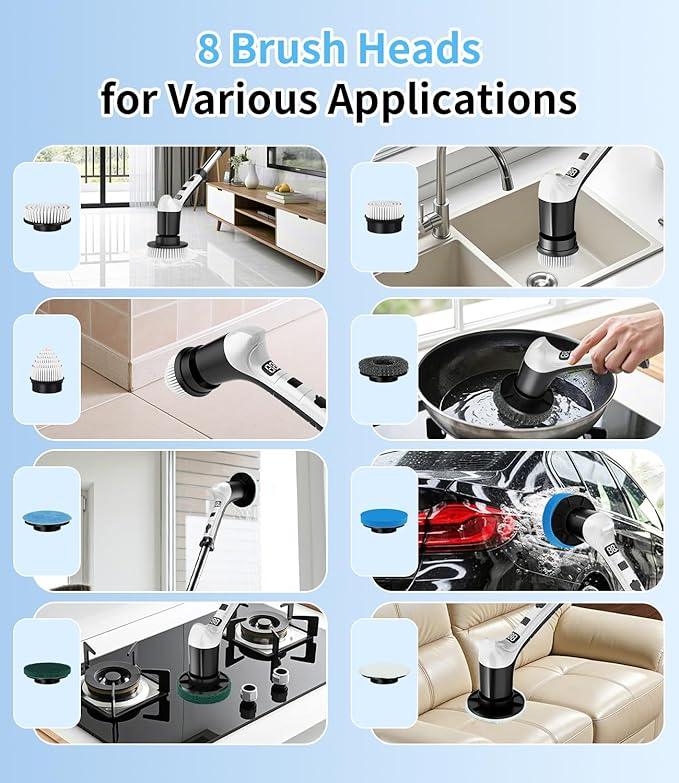 Electric Spin Scrubber with 3 Speed, Adjustable Extension Handle, 8 Brush Heads,Cordless Power Cleaning Brush for Bathroom, Tile, Kitchen-Black - NeatNest