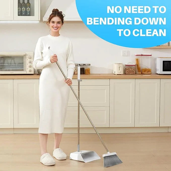 JOYMOOP 2 Pack Broom and Dustpan Set, Black and White Combo, Upright Angle with Built-in Comb Teeth for Pet Hair and Hard Floors - NeatNest