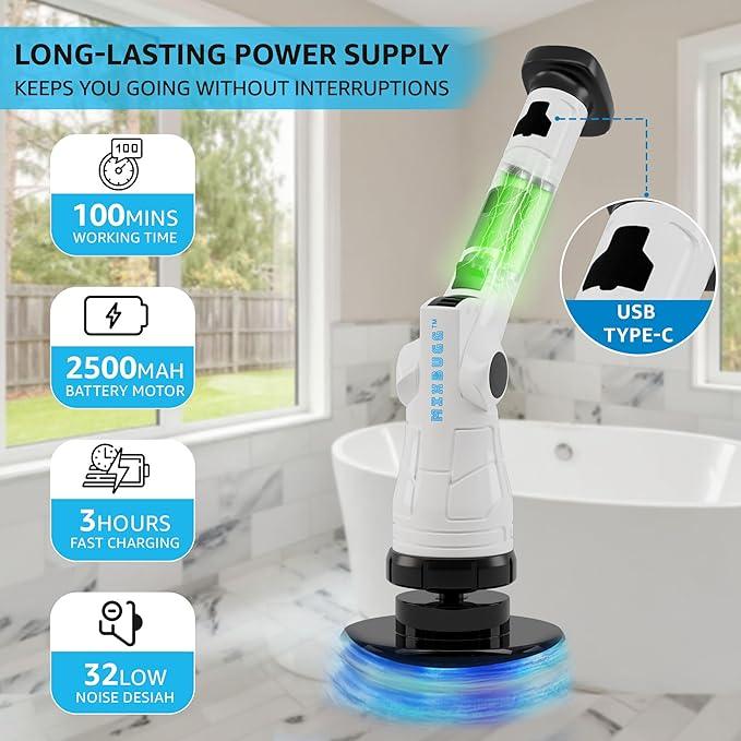 Electric Spin Scrubber – Cordless Power Cleaner with 8 Brush Heads, Long Adjustable Handle, 3 Speed for Deep Bathroom, Tile, Floor & Tub Cleaning, 6-Angle Adjustable - NeatNest