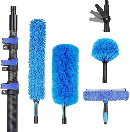 18 Foot High Ceiling Duster Kits with 3.5-12 FT Carbon Fiber Extension Pole, Feather Duster, Cobweb Duster, Ceiling Fan Duster, Window Squeegee & Cleaner with Pole 12 Ft - NeatNest