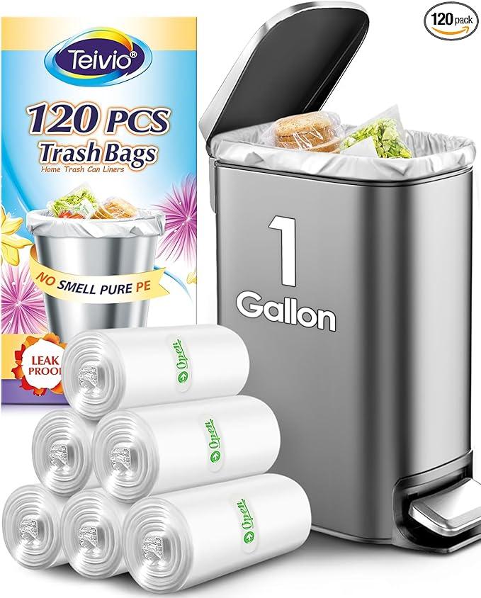Teivio 1 Gallon 120 Counts Mini Strong Trash Bags 1-1.2 Gallon Garbage Bags,Small Waste Basket Liners,Bathroom Trash Can Bin Liners, Plastic Bags for home office kitchen, 4-5 Liters,Clear - NeatNest