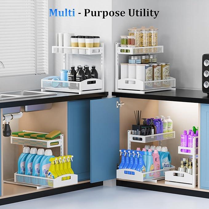 Metal Under Sink Organizer, Pull Out Cabinet Organizer Rack with Silk-Smooth Bottom Drawer, 5-Level Adjustable, Multi-Purpose Storage Shelf for Bathroom, Kitchen, Vanity, Pantry (2-Pack) - NeatNest