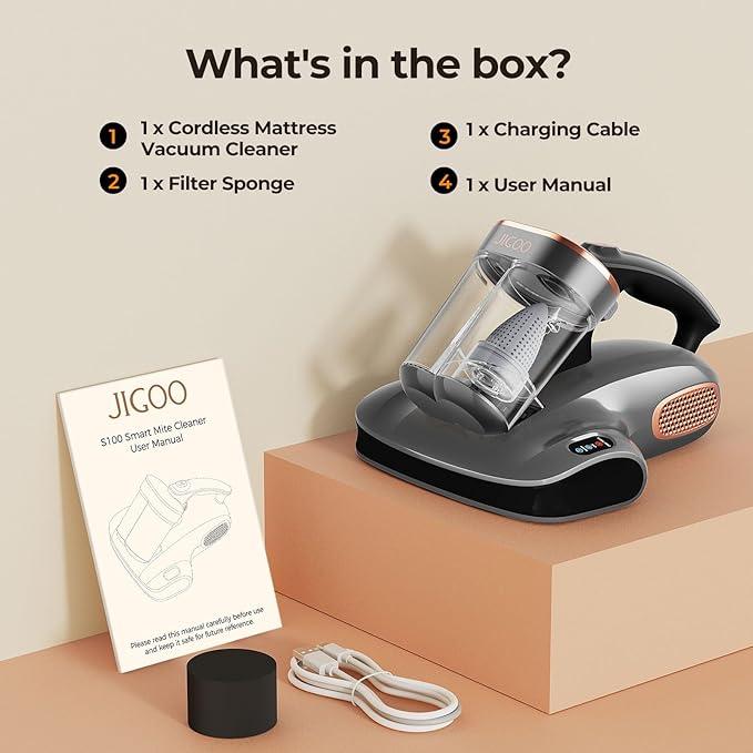 JIGOO Cordless Mattress Vacuum Cleaner with UV-C Light, Bed Vacuum Cleaner with Dust Sensor, Ultrasonic and High Heating, Deep Cleaning Bed Vacuum for Sofa Bed Fabric Surface (S100 Cordless) - NeatNest