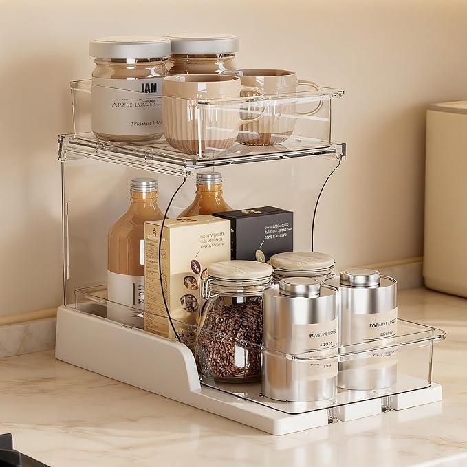 Pull Out 2 Tier Organizer for Kitchen Bathroom and Cabinet Storage Rotating Pantry Rack Under Sink Organizer Clear and Durable Design 1 Pack - NeatNest
