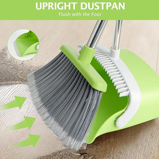 Broom and Dustpan Set, Dustpans with Broom Combo for Home, Heavy Dust Broom and Dustpan Combo, Long Handle Dust Pan and Broom Set for Kitchen, Office, Pet Hair(Gray Green) - NeatNest