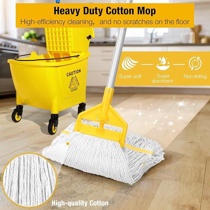 35 Qt Commercial Mop Bucket with Side Press Wringer on Wheels,Heavy Duty Industrial Mop and Bucket Set for Floor Cleaning,Including 1 Wet Floor Caution Sign for Household,Business,Yellow - NeatNest
