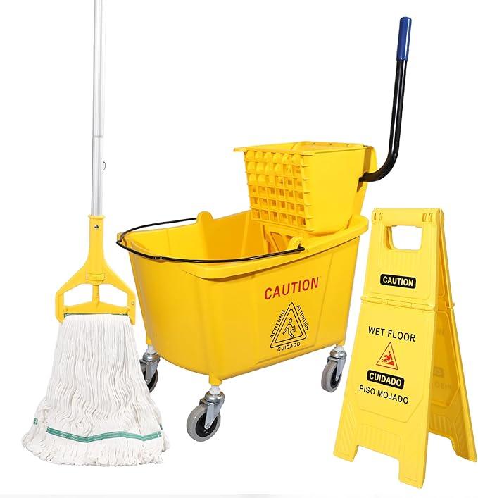 35Qt. Side-Press Mop Bucket and Wringer Combo on Wheels, Yellow, for Floor Cleaning/Wet Mopping,Including One Commercial Mop and Wet Floor Caution Sign (24inch) - NeatNest