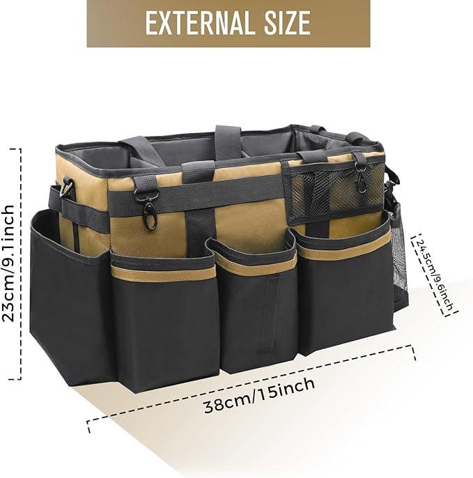 Wearable Cleaning Caddy Organizer with Handle & Shoulder Straps for Housekeepers, Under Sink & Car Cleaning Tool Organizer Bag with 4 Foldable Dividers (Tan) - NeatNest