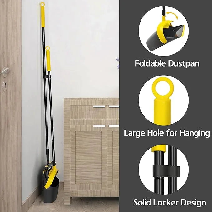 JEHONN Broom and Dust Pan, 54.3 inches Long Handle Swivel Brush, Upright Foldable Dustpan with Comb Teeth for Home Kitchen Lobby Indoor Floor Cleaning (Black & Yellow) - NeatNest