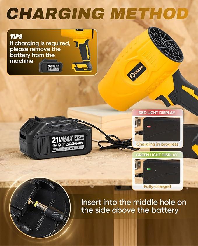 Saker Handheld Cordless Leaf Blower Portable Dust Cleaner 180000 RPM Compressed Air Duster with Adjustable Speed for Drying Patio Cleaning Camping 2 x 4.0Ah Battery Yellow - NeatNest