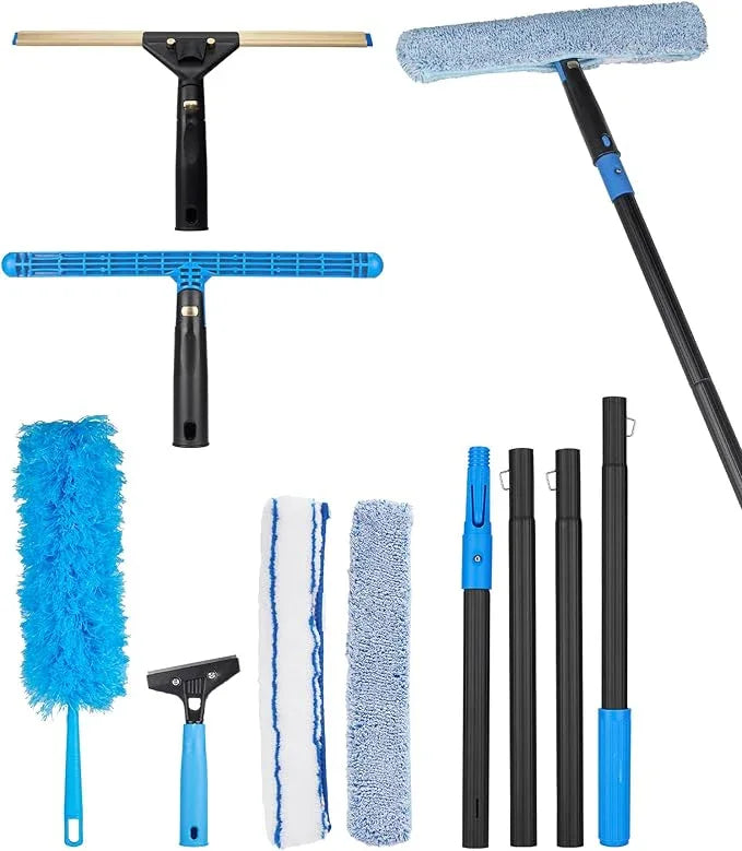 Swivel Squeegee Kit with 4 Extension Poles,Glass Scraper, Bendable Duster, 2 Window Scrubber Cloth for Glass, Car, Floor, Home,Garden - NeatNest