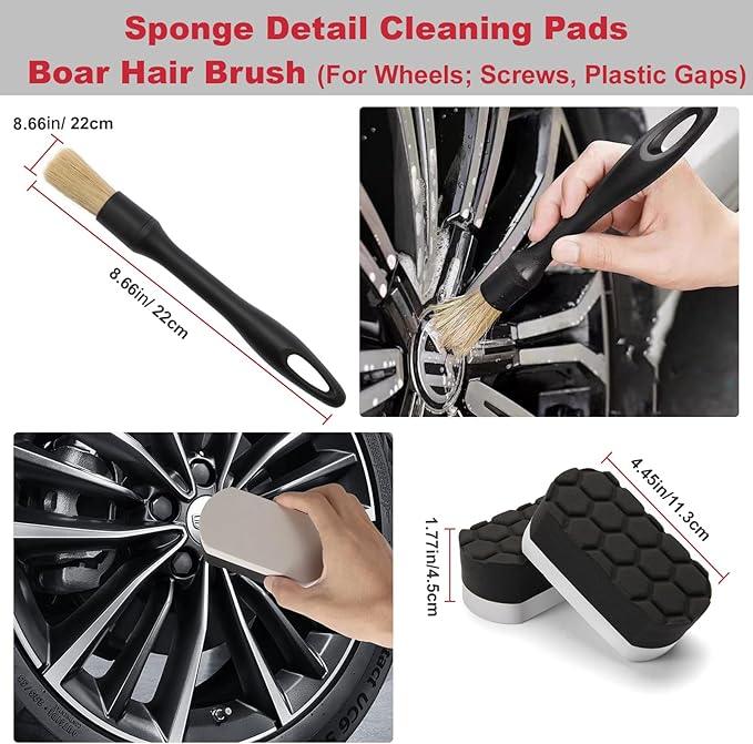 Wuqazu 8PCS All-in-One Wheel & Tire Cleaning Kit - 360° Flexible Synthetic Wool Rim Brush, 2 Dual-Hardness Brushes, Dressing Pads & Storage Bag | Scratch-Free for All Vehicles - NeatNest