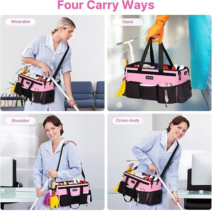 Large Wearable Cleaning Caddy Bags,Cleaning Supplies Storage Bag with Handles and Adjustable Shoulder Strap and Removable Waist Straps,Waterproof Cleaning Bags for Home,Car,Office (Pink) - NeatNest
