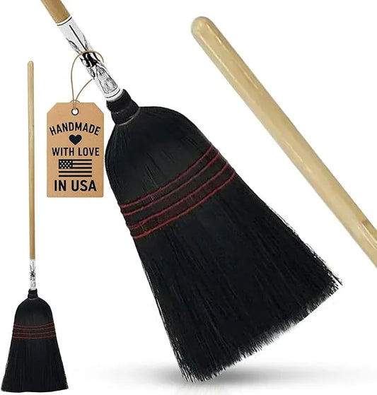Handmade Amish Corn Broom with Wooden Handle – 57" Heavy Duty Broom for Courtyard, Lobby & Market, 100% Corn Fill Straw Broo'm, 4 Sews Indoor & Outdoor Bristle for Sweeping - Black - NeatNest