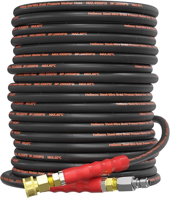 5/16" Pressure Washer Hose 100 FT, Hot and Cold Water Power Washer Hose Max 140°F, Commercial Industrial Grade Steel Wire Braided Kink Proof Extension Hose -4500 PSI - NeatNest