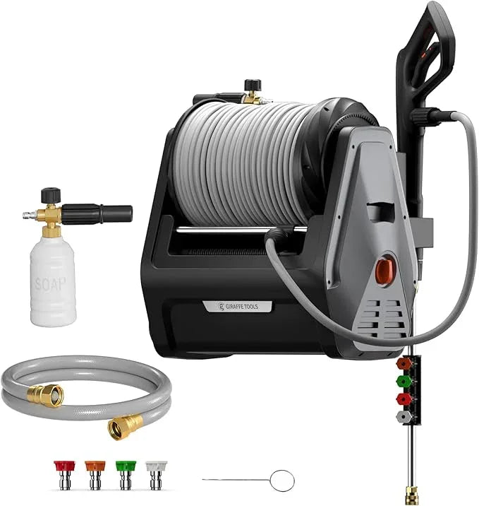 Giraffe Tools Grandfalls Retractable Wall Mount Pressure Washer Plus, Max 2900PSI 2.2 GPM, Electric Power Washer with 100ft Pressure Hose for Car/Patios, Automatic Rewind, Dark Silver - NeatNest