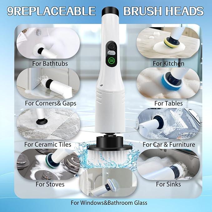 Spin Scrubber,9-In-1Multifunctional Cleaning Brush with Detachable Handle,9 Replaceable Brush Heads&LCD Display,Rechargeable Electric Spin Scrubber for Bedroom,Bathroom,Kitchen,Car - NeatNest