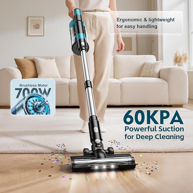 Cordless Vacuum Cleaner with 2 * 4000mAh Batteries, 700W 60Kpa Vacuum Cleaners for Home, 6 in 1 Cordless Stick Vacuum Clearner, Brushless Motor with Led Display for Hard Floors Carpet Pet Hair - NeatNest