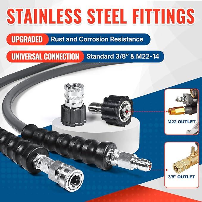 YAMATIC 3/8" Pressure Washer Hose 50FT with Stainless Steel Swivel Quick Connect, 4200 PSI Non Marking Rubber Wear Resistant Steel Braided Industry Grade for Hot/Cold Water Gas Power Washer - NeatNest