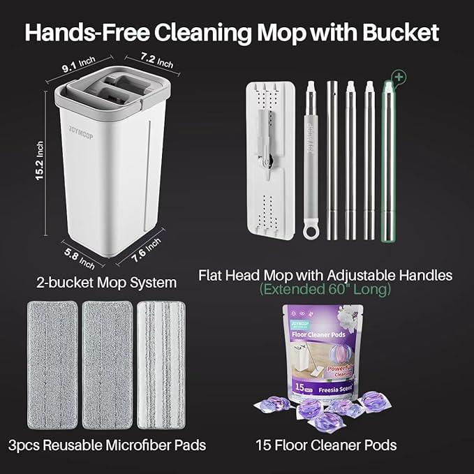 JOYMOOP Mop and Bucket with Wringer Set and Floor Cleaner Pods, Flat Floor Mop with 3 Reusable Microfiber Pads, Wet and Dry Use, Freesia Scent Pack of 15 Pacs for Floor Cleaning - NeatNest