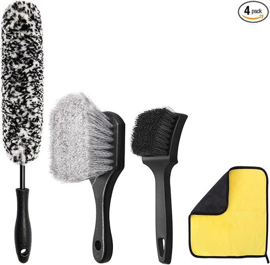 Wuqazu 4PCS Compact Wheel & Tire Cleaning Kit - 360° Flexible Synthetic Wool Rim Brush, 2 Dual-Bristle Brushes & Microfiber Towel | Scratch-Free for All Vehicles - NeatNest