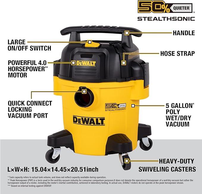 DEWALT 5 Gallon STEALTHSONIC Shop Vacuum Wet and Dry, Powerful Suction & Portable Shop Vac with Attachments, Ultra Quiet Wet Dry Vac for Home, Garage, Car, Workshop, Jobsite, DXV05P-QT, 4 Peak HP - NeatNest