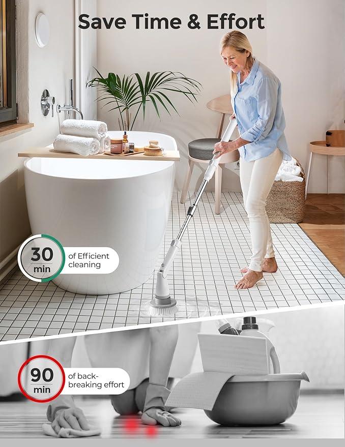 kHelfer Electric Spin Scrubber Kh8, Upgrade Cordless Shower Scrubber 8 Replacement Head, 1.5H Bathroom Scrubber Dual Speed, Shower Cleaning Brush with Extension Arm for Bathtub Tile Floor - NeatNest