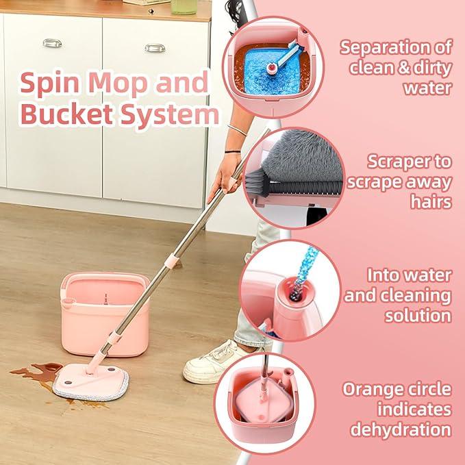 KZKR Square Spin Mop and Bucket Set with Self Separation Dirty and Clean Water System, Self Wringing 360° Rotating Mops Head with 2 Replaceable Microfiber Pads for Home Floors Cleaning - NeatNest