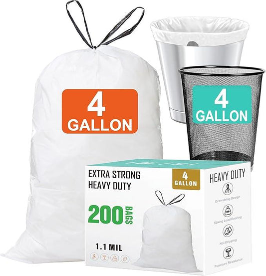 4 Gallon Drawstring Trash Bags (200 Count) 1.1 Mils Heavy Duty Small Garbage Bags Fit 10-15 Liter 2-4 Gal White Trash Bin Liners for Home Office Kitchen Bathroom Bedroom - NeatNest