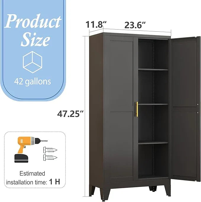Black Metal Storage Cabinet, 48" Steel Cabinets for Home Office, Kitchen Pantry Storage Cabinet with Doors and 3 Adjustable Shelves, for Office, Home, Garage, School - NeatNest