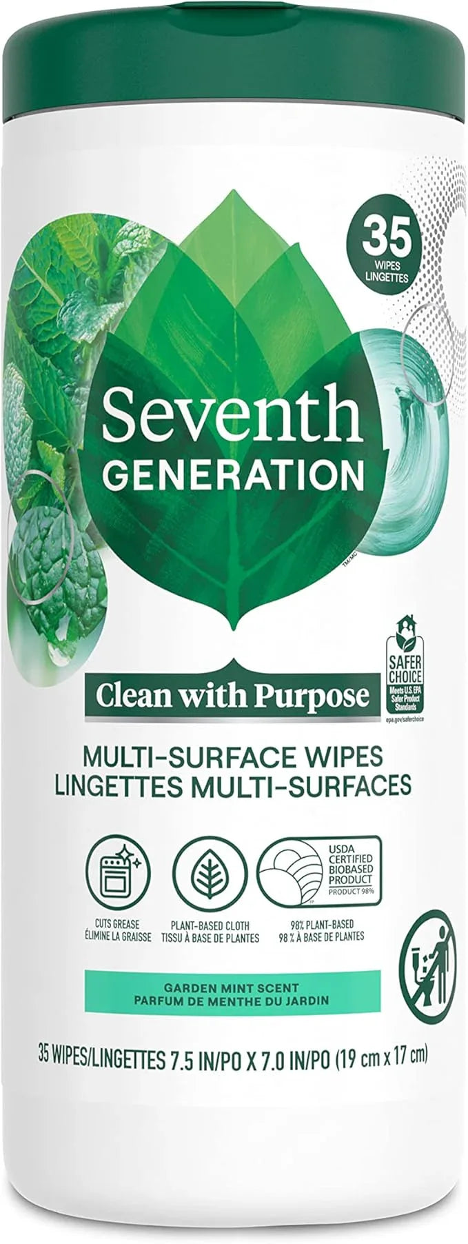Seventh Generation Multi-Surface Cleaning Wipes, Garden Mint Scent, Cuts Grease & Grime, 35 Wipes - NeatNest