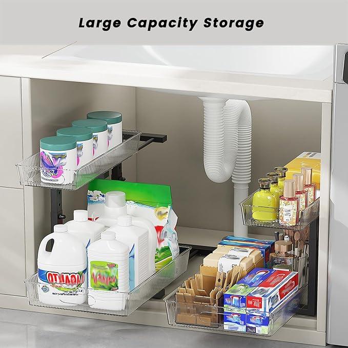 Under Sink Organizer, 2 Tier Pull Out Storage Organizer, Slide Out Storage Shelf for Bathroom & Kitchen, Under Cabinet Organizer and Storage with 5 Gears Height Adjustable (Black, 1 Pack) - NeatNest
