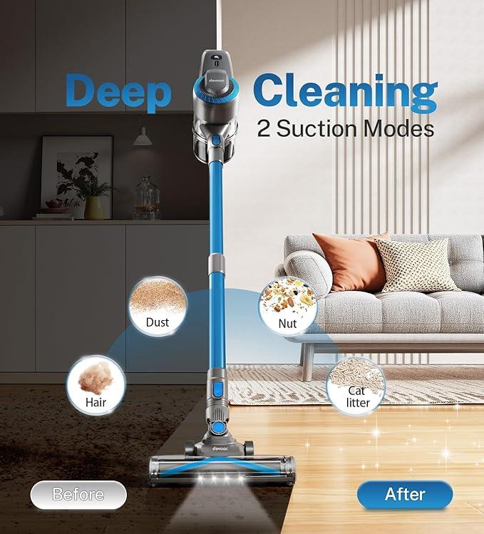 DEVOAC N300 Cordless Vacuum Cleaner, 6 in 1 Lightweight Stick Vacuum, 2200mAh Battery Up to 40mins Runtime, Powerful Handheld Vacuum for Hard Floor Rug Pet Hair Home Dorm (Blue) - NeatNest