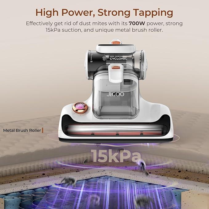 JIGOO T600 Mattress Vacuum Cleaner with UV-C Light, 15Kpa Suction 700W Powerful Double-Cup Handheld Vacuums, Bed Cleaner with Smart Dust Sensor, Ultrasonic, Heating Tech, MIF Filter, White - NeatNest
