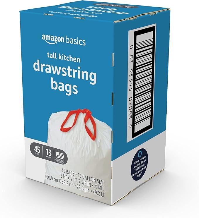Amazon Basics Trash Bags, Tall Kitchen Drawstring, Unscented, 13 Gallon, 45 Count, Pack of 1 - NeatNest